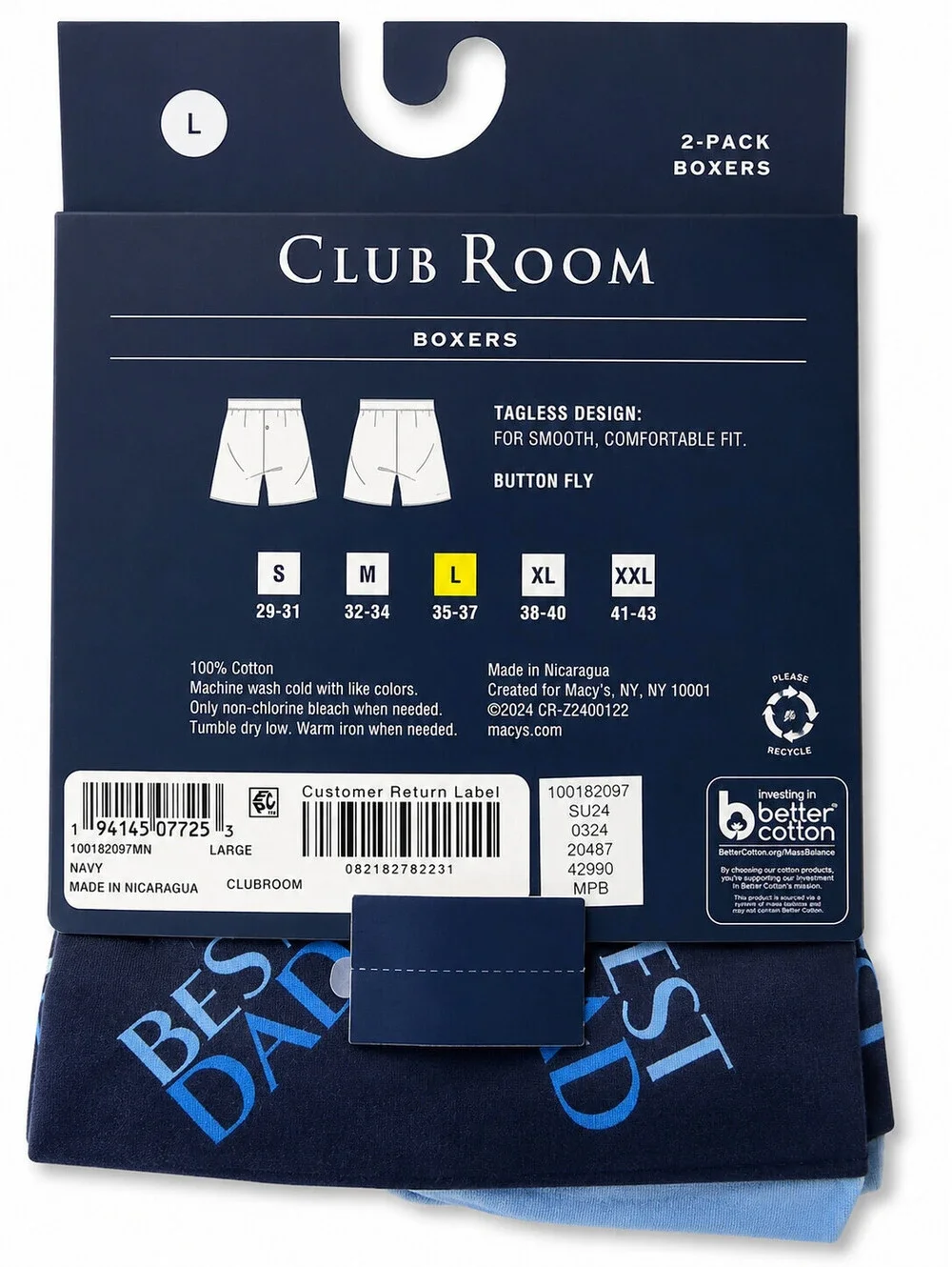 Club Room Men's 2-Pack Cotton Boxers Best Dad Print Navy & Lt Blue Size L NWT
